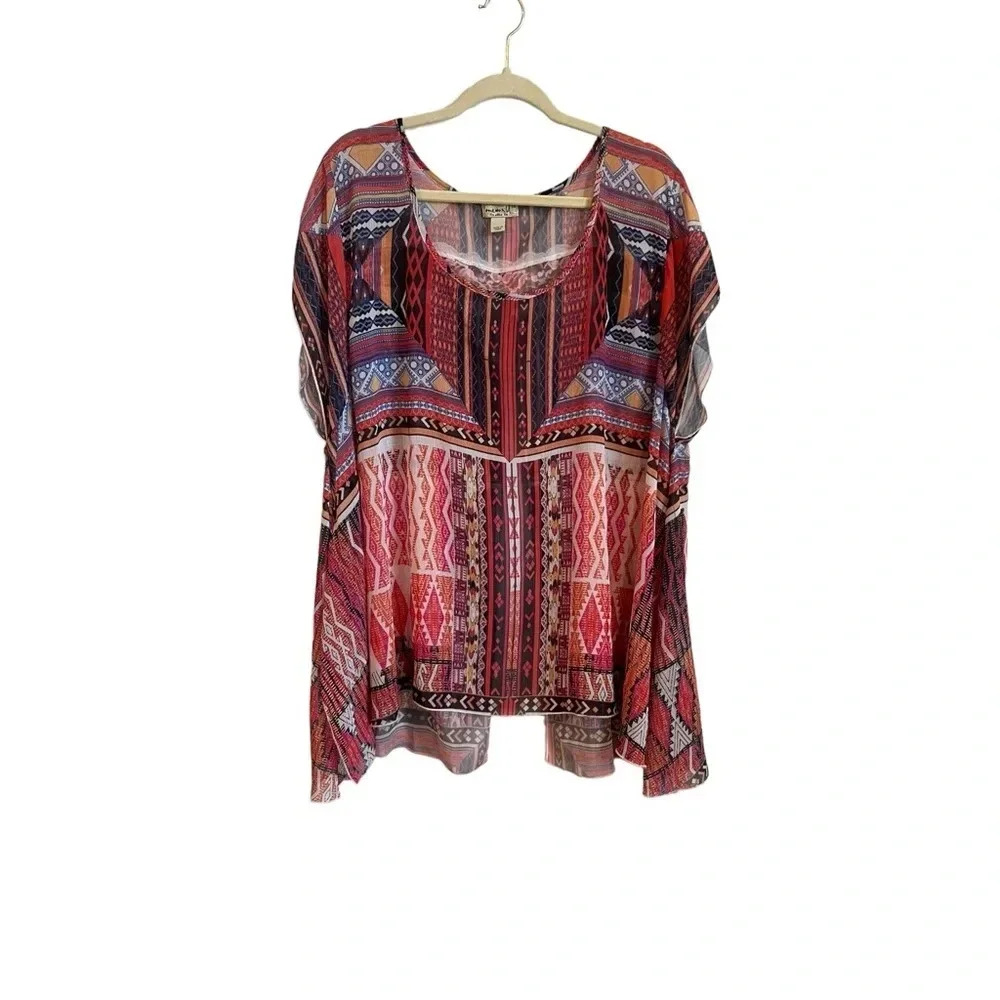 One World Women 3XL Blouse Pop Over Top Southwest Sheer Flounce Boho T0012